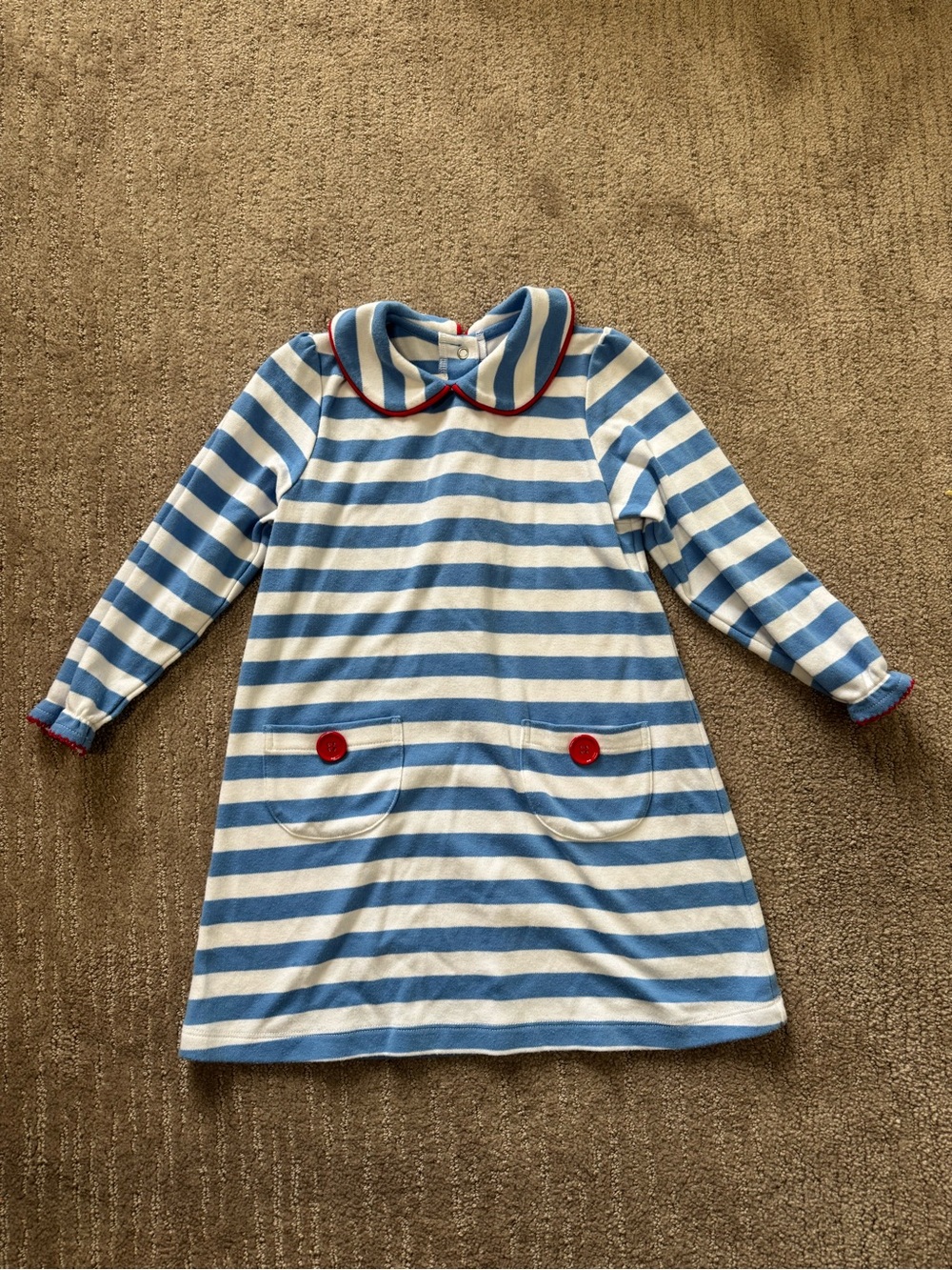 The Beaufort Bonnet Company Blue & White Striped Dress with Red Trim